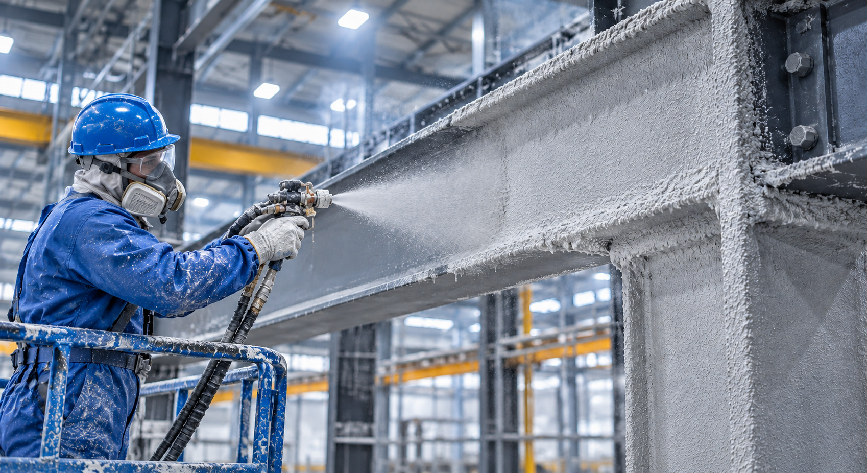 A worker wearing protective equipment sprays fireproofing coating onto a structural steel beam in an industrial workshop.
