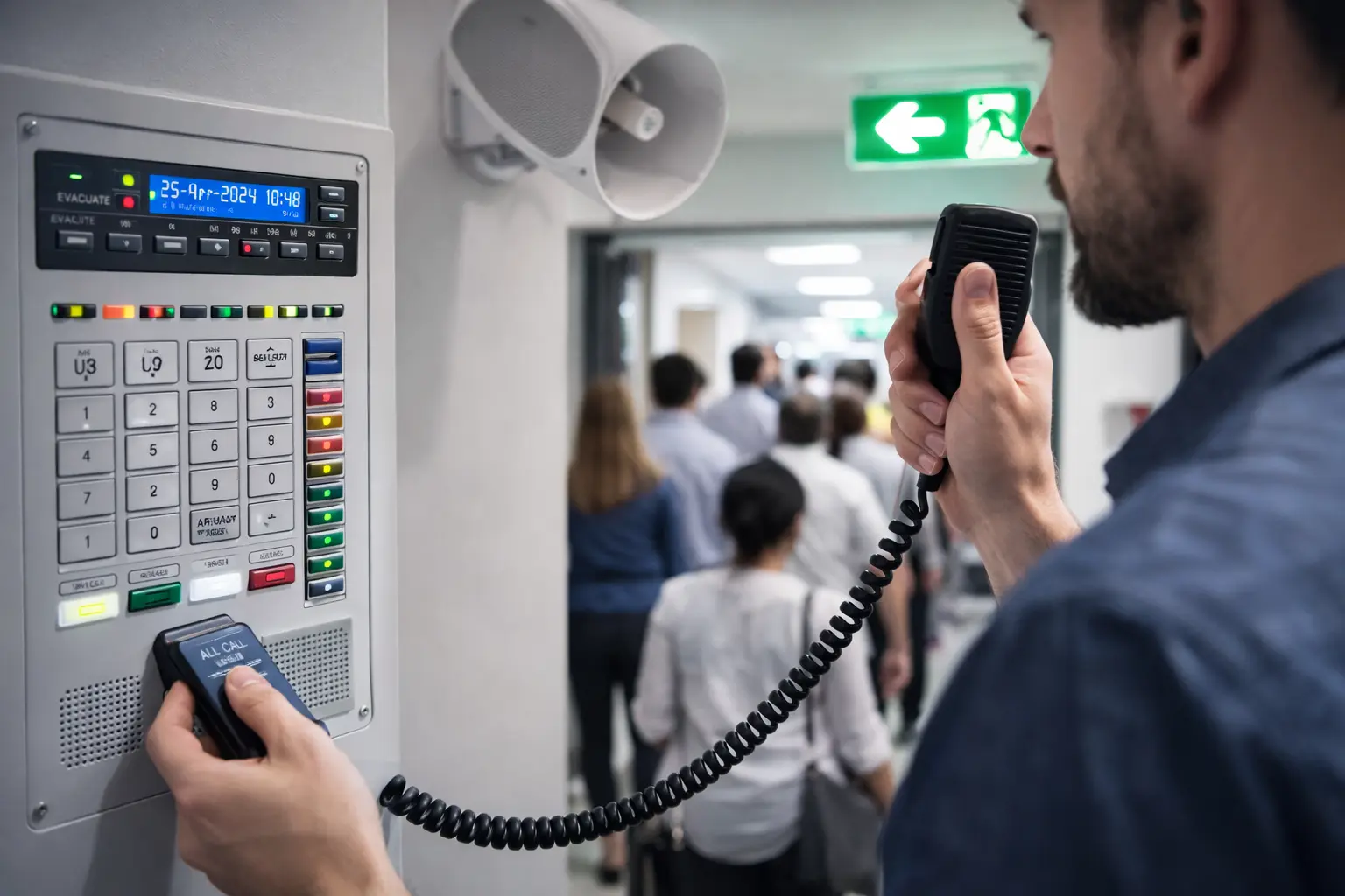 أنظمة نداء عام وإخلاء صوتي داخل منشأة كبيرة